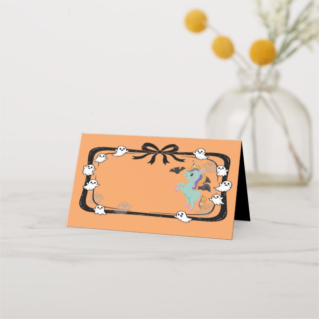 Halloween Unicorn Greeting Bat Orange Place Card Platzkarte (Vorderseite)