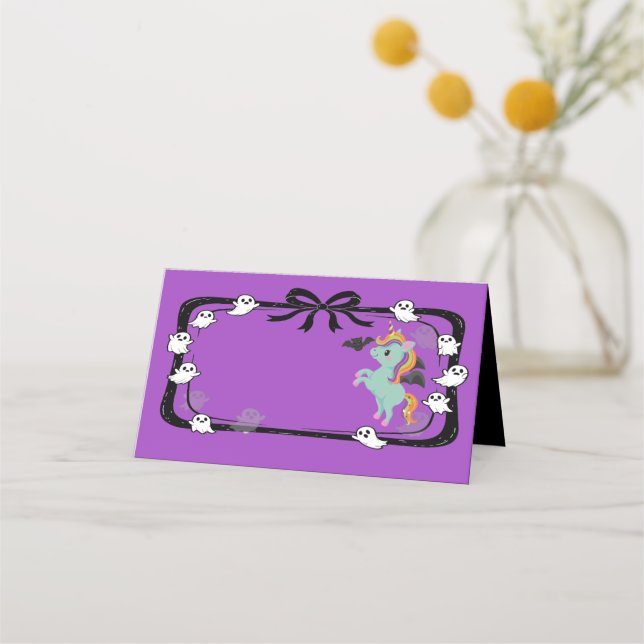 Halloween Unicorn Greeting Bat Purple Place Card Platzkarte (Vorderseite)