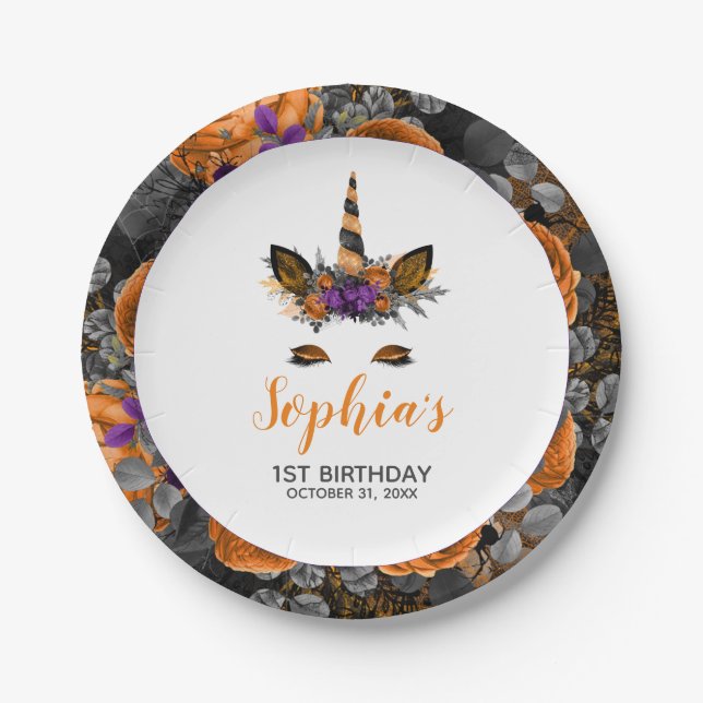 Halloween Unicorn Orange Black Birthday Party Pappteller (Vorderseite)