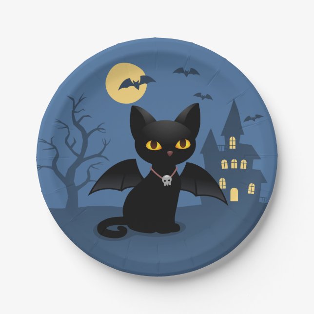 Halloween Vampir schwarze Katze mit Flügeln Papier Pappteller (Vorderseite)