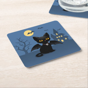 Halloween Vampir schwarze Katze mit Flügeln Rechteckiger Pappuntersetzer