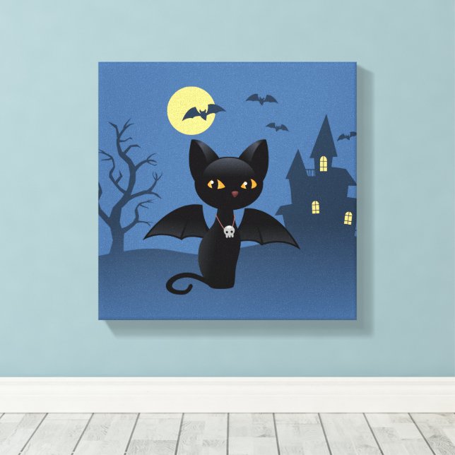 Halloween Vampire Black Cat mit Flügeln Leinwanddruck (Insitu (Holzboden))