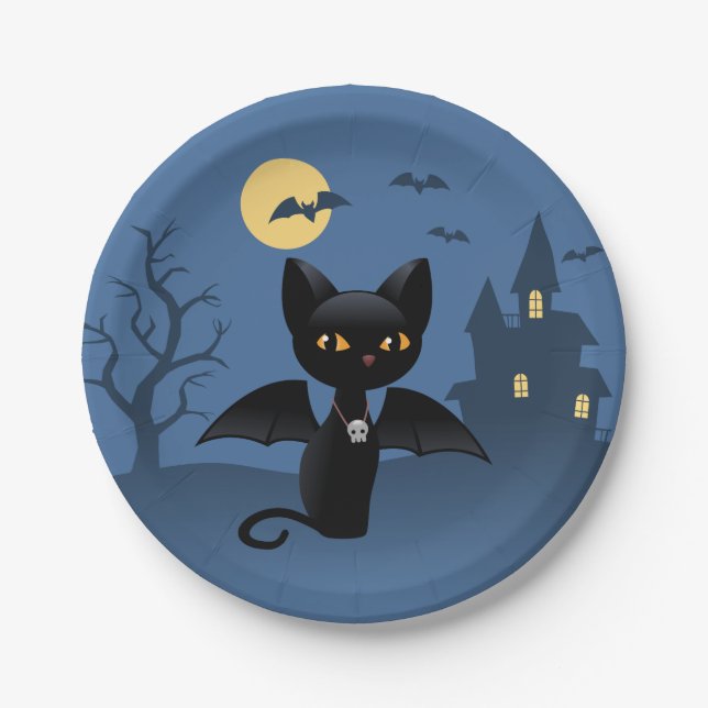 Halloween Vampire Black Cat mit Flügeln Pappteller (Vorderseite)