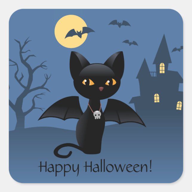 Halloween Vampire Black Cat mit Flügeln Quadratischer Aufkleber (Vorderseite)