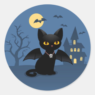 Halloween Vampire Black Cat mit Flügeln Runder Aufkleber