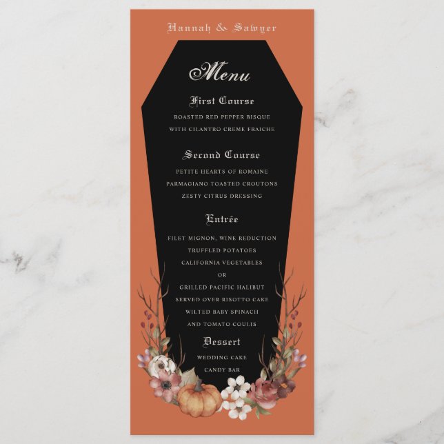 Halloween Vampire Coffin Wedding Party Terracotta Menükarte (Vorderseite)