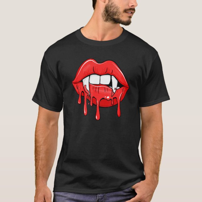 Halloween Vampire Fangs Weibliche Lippen Blut T-Shirt (Vorderseite)