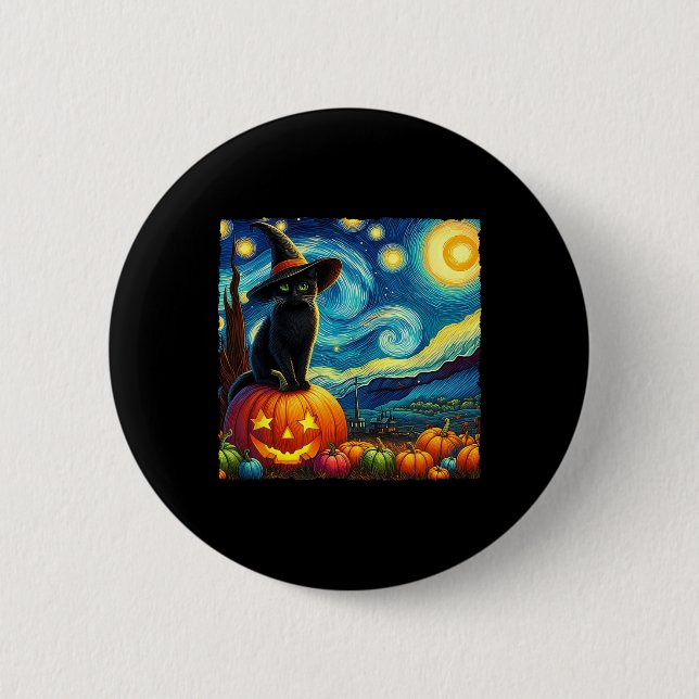 Halloween Van Gogh Starry Night Black Cat Hexa Ha Button (Vorderseite)