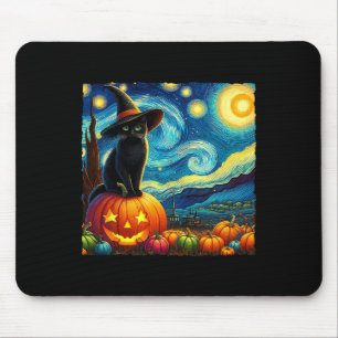 Halloween Van Gogh Starry Night Black Cat Hexa Ha Mousepad