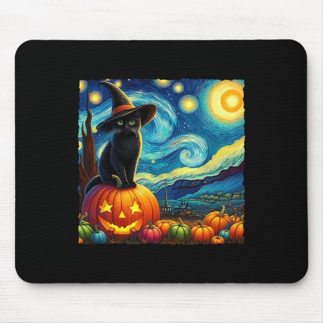 Halloween Van Gogh Starry Night Black Cat Hexa Ha Mousepad (Vorne)