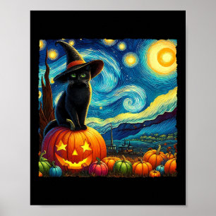 Halloween Van Gogh Starry Night Black Cat Hexa Ha Poster