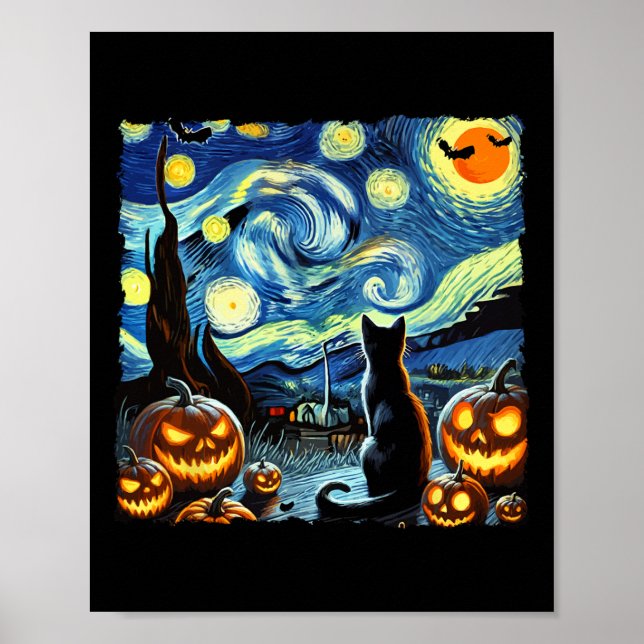 Halloween Van Gogh Starry Night Black Cat Poster (Vorne)