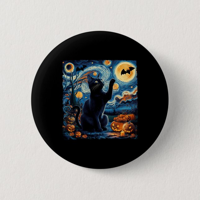 Halloween Van Gogh' Starry Night Black Cat Pumpkin Button (Vorderseite)