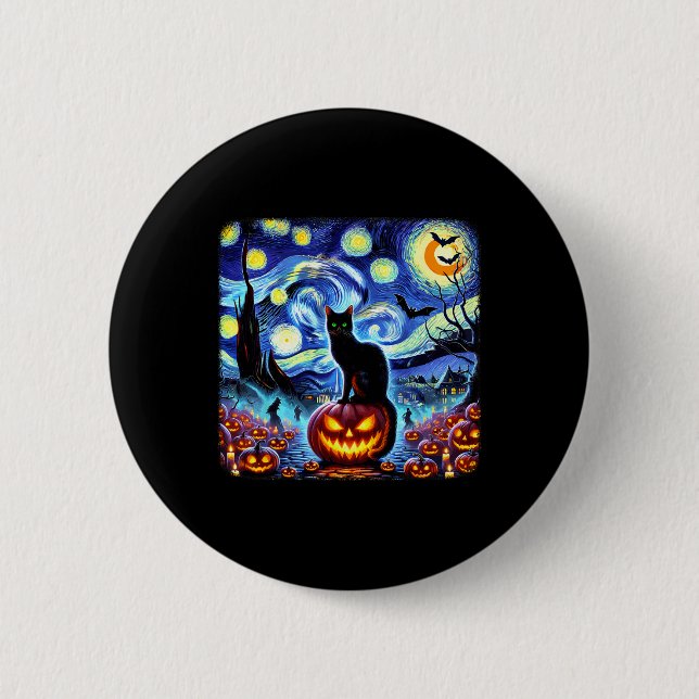 Halloween Van Gogh Starry Night Black Cat Pumpkins Button (Vorderseite)