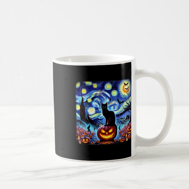 Halloween Van Gogh Starry Night Black Cat Pumpkins Kaffeetasse (Rechts)
