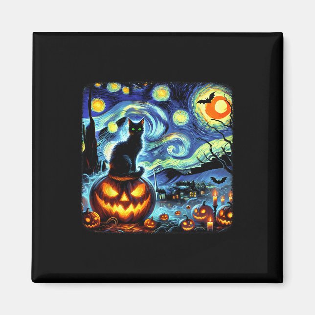 Halloween Van Gogh Starry Night Black Cat Pumpkins Magnet (Vorne)