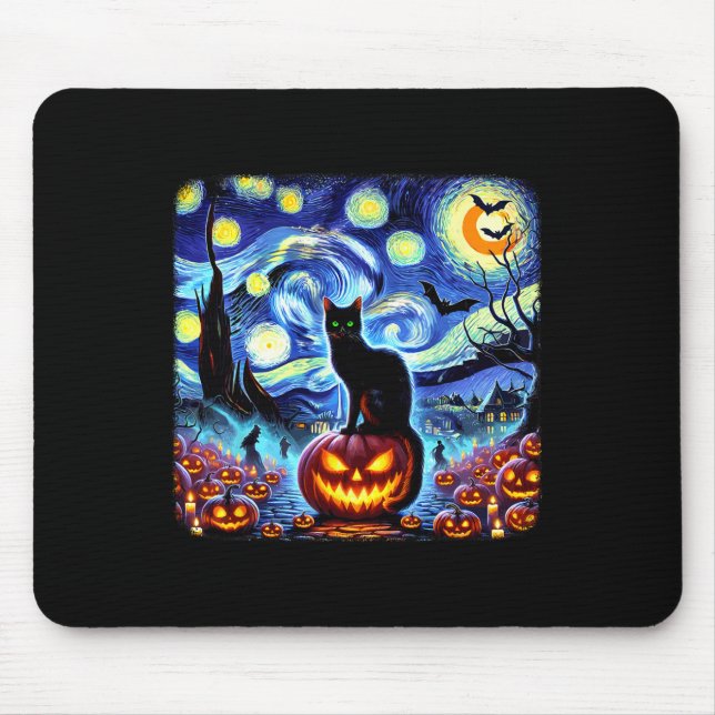 Halloween Van Gogh Starry Night Black Cat Pumpkins Mousepad (Vorne)