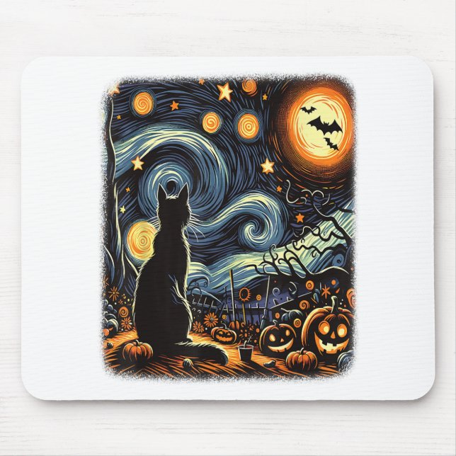 Halloween Van Gogh Starry Night Black Cat Pumpkins Mousepad (Vorne)