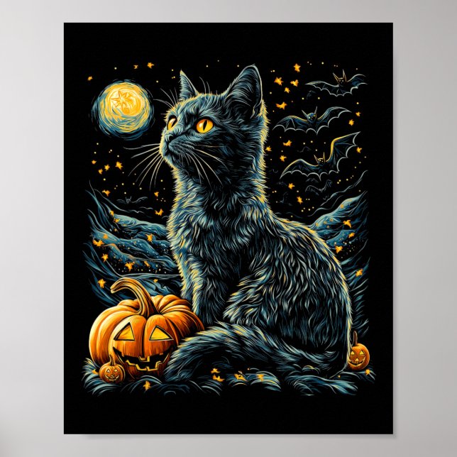 Halloween Van Gogh Starry Night Black Cat Pumpkins Poster (Vorne)