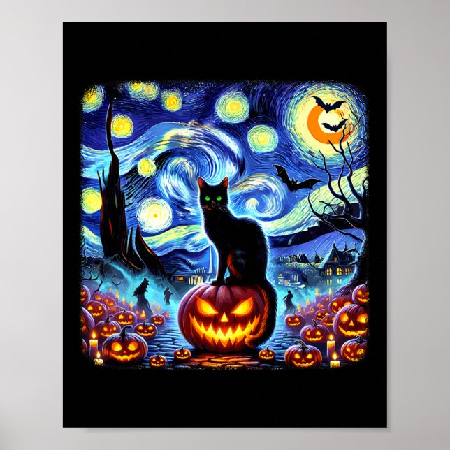 Halloween Van Gogh Starry Night Black Cat Pumpkins Poster (Vorne)