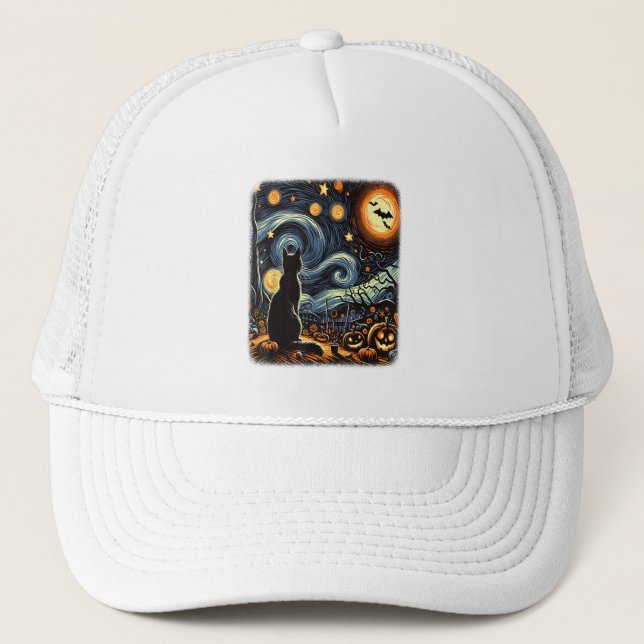 Halloween Van Gogh Starry Night Black Cat Pumpkins Truckerkappe (Vorderseite)