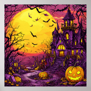 Halloween Verlassenes Schloss Kürbisse Fledermäuse Poster