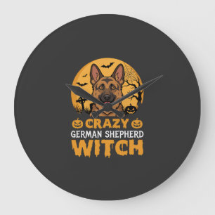 Halloween Verrücktes Deutsches Schäferhund Hexen D Große Wanduhr