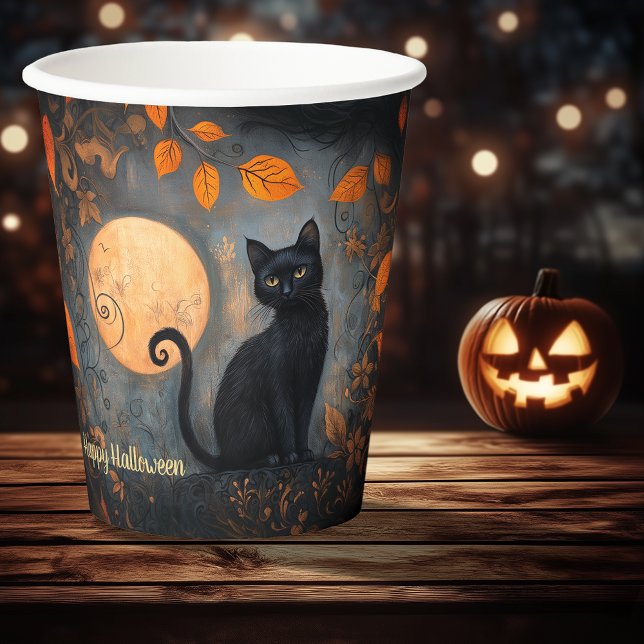 Halloween Verziert Black Cat Full Moon Adult Party Pappbecher (Halloween Ornate Black Cat Full Moon Adult Party Paper Cups)
