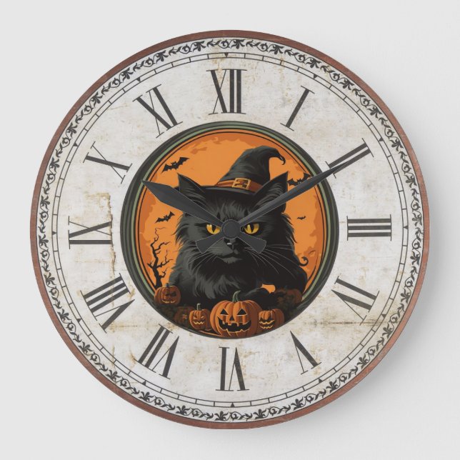 Halloween Vintag Black Cat Große Wanduhr (Vorderseite)