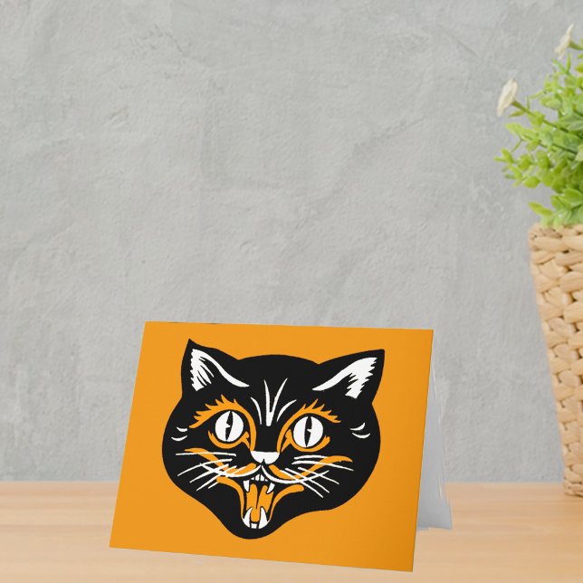 Halloween Vintag Cat Face Karte (Vintage Halloween smiling black cat face with orange and white accents on notecards.)