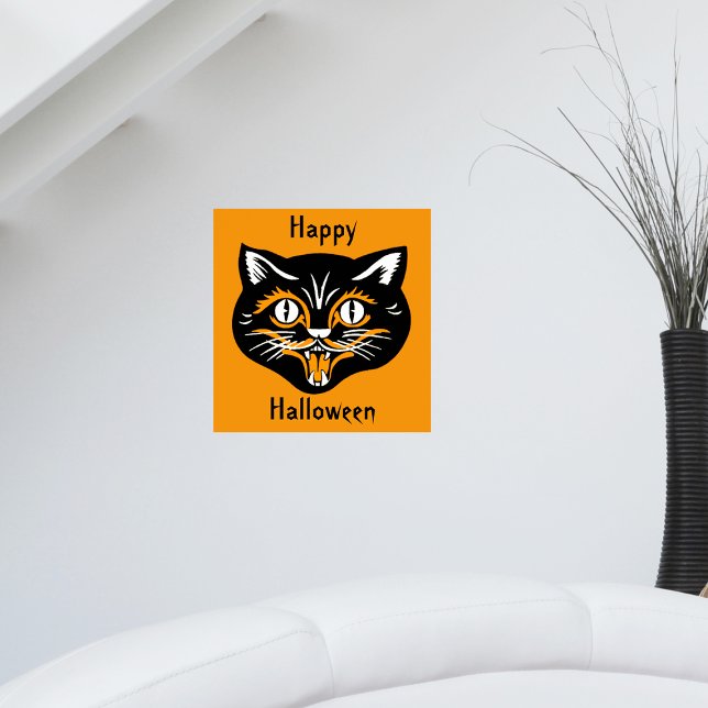 Halloween Vintag Cat Face Poster (Vintage Happy Halloween black smiling cat face on bright orange wall poster.)