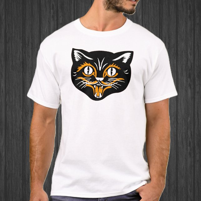 Halloween Vintag Cat Face T-Shirt (Happy black vintage Halloween cat face with orange and white accents on a tee shirt.)