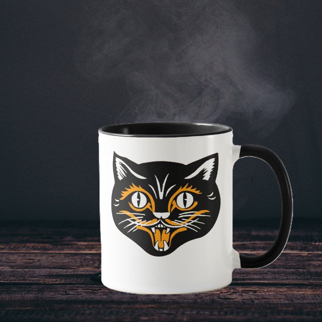 Halloween Vintag Cat Face Tasse (smiliing vintage halloween black cat face with orange accents on white and black coffee or tea mug.)