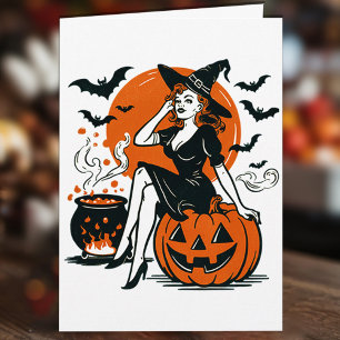 Halloween Vintag Hexe auf Pumpkin Bats Cauldron Karte