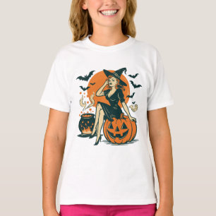 Halloween Vintag Hexe auf Pumpkin Bats Cauldron T-Shirt