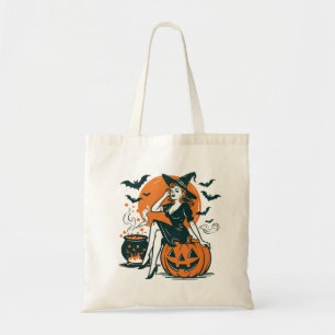 Halloween Vintag Hexe auf Pumpkin Bats Cauldron Tragetasche