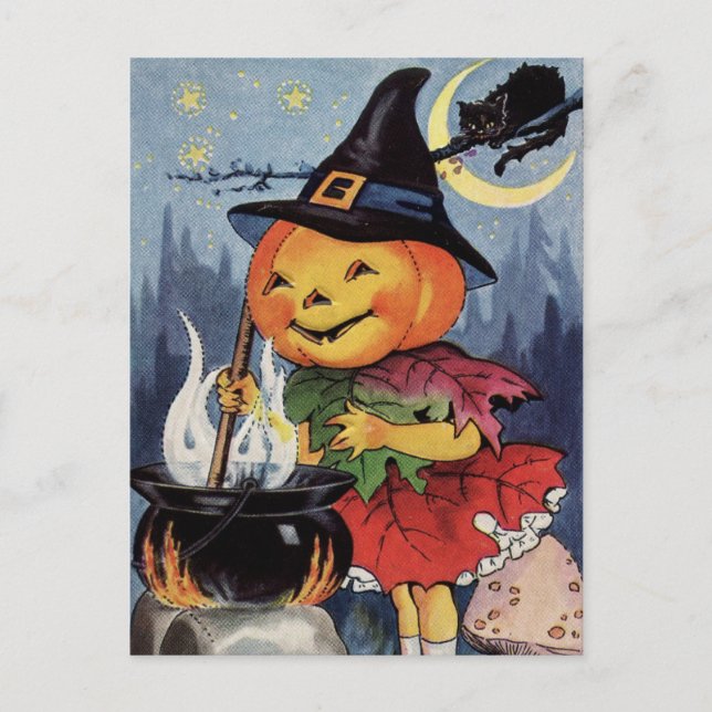 Halloween Vintag Pumpkin Hexe MoonPostcard Feiertagspostkarte (Vorderseite)