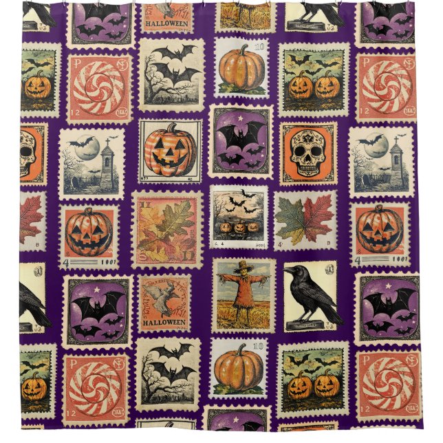 Halloween Vintage Briefmarken Muster Duschvorhang (Vorderseite)