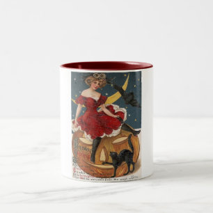 Halloween Vintage-Dame in Rot auf Jack o' Lantern Zweifarbige Tasse