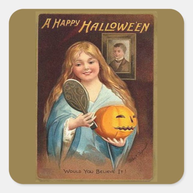 Halloween Vintage Dame mit Spiegel) Quadratischer Aufkleber (Vorderseite)