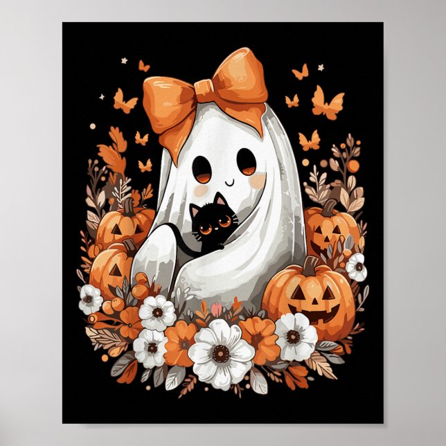 Halloween Vintage-Geist mit schwarzer Katze Kürbis Poster (Vorne)