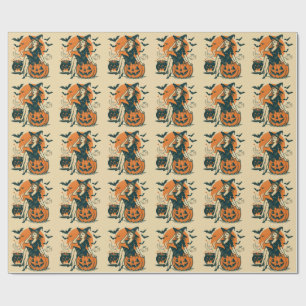Halloween Vintage Hexe auf Kürbis Fledermäuse Kess Geschenkpapier
