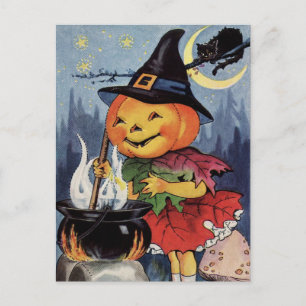 Halloween Vintage-Kürbis-Hexenmond-Postkarte Feiertagspostkarte