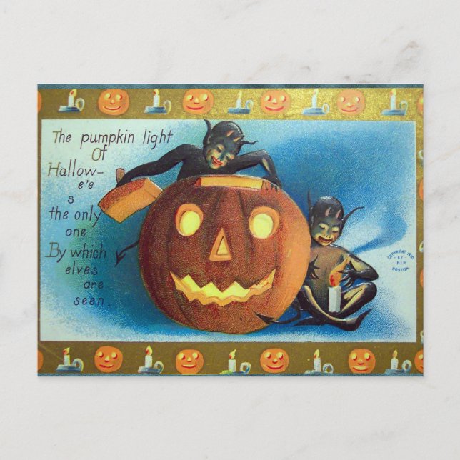 Halloween Vintage Kürbiselfen Weihnachtspostkarte Feiertagspostkarte (Vorderseite)
