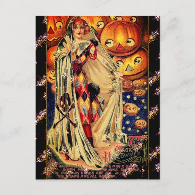 Halloween Vintage Lady Kürbislaterne Black Orange Postkarte (Vorderseite)