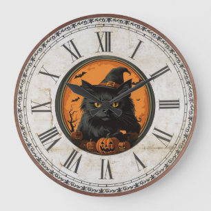 Halloween Vintage Schwarze Katze Große Wanduhr