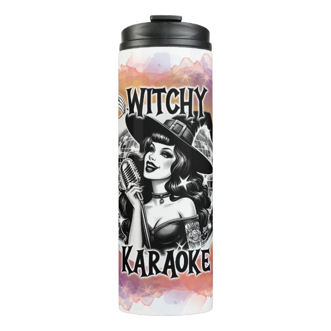 Halloween Vintages Button-up Witchy Karaoke Thermosbecher (Vorderseite)