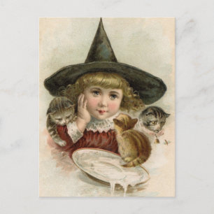 Halloween Vintages Mädchen Hexenkätzchen Postkarte