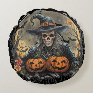 Halloween, Wächter der Kürbisse, Totenkopf-Kürbiss Rundes Kissen
