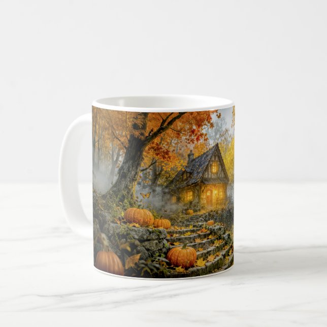 Halloween-Waldhäuschen mit Kürbissen, Steinweg Kaffeetasse (Vorderseite Links)